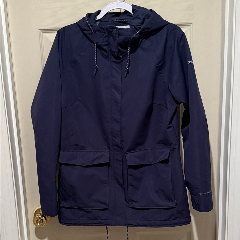Columbia Women's Navy Hooded Double Pocket Rain Jacket, Size Med